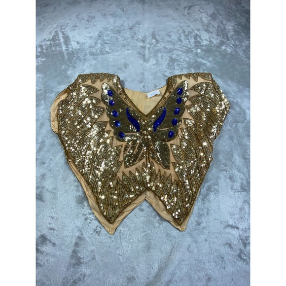 Silk Sequin Butterfly Top Womens Medium Gold Blue Embellished Festival Y2K Boho - Picture 4 of 8